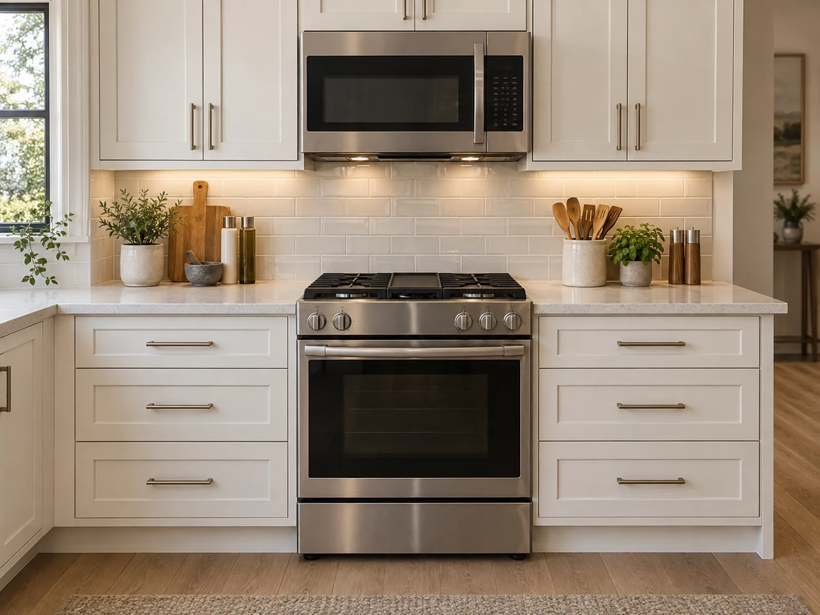 Kitchen planning concept showing an over-the-range microwave coordinated with the range and surrounding cabinets
