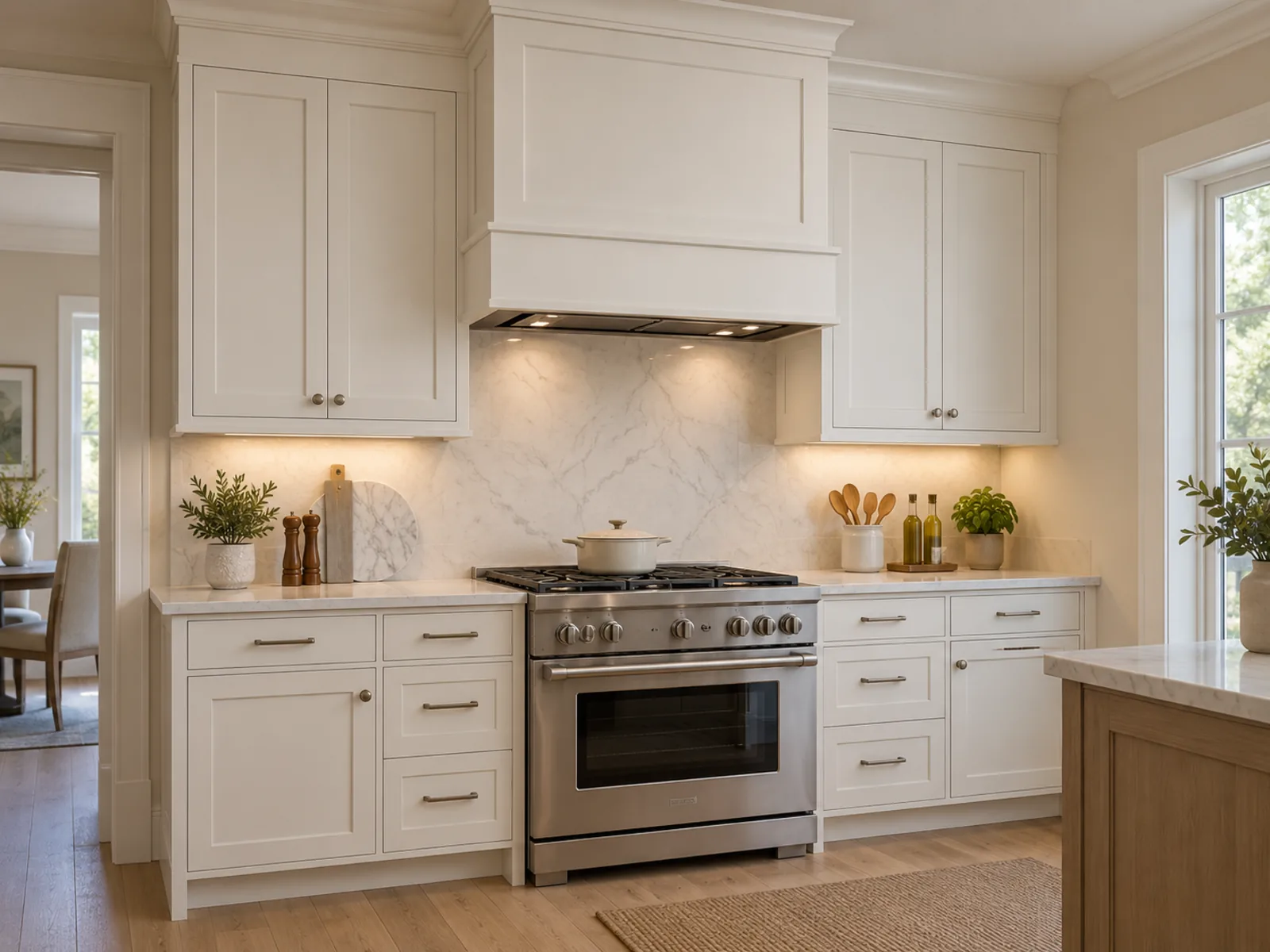 Kitchen planning concept showing a range hood coordinated with adjacent upper cabinets