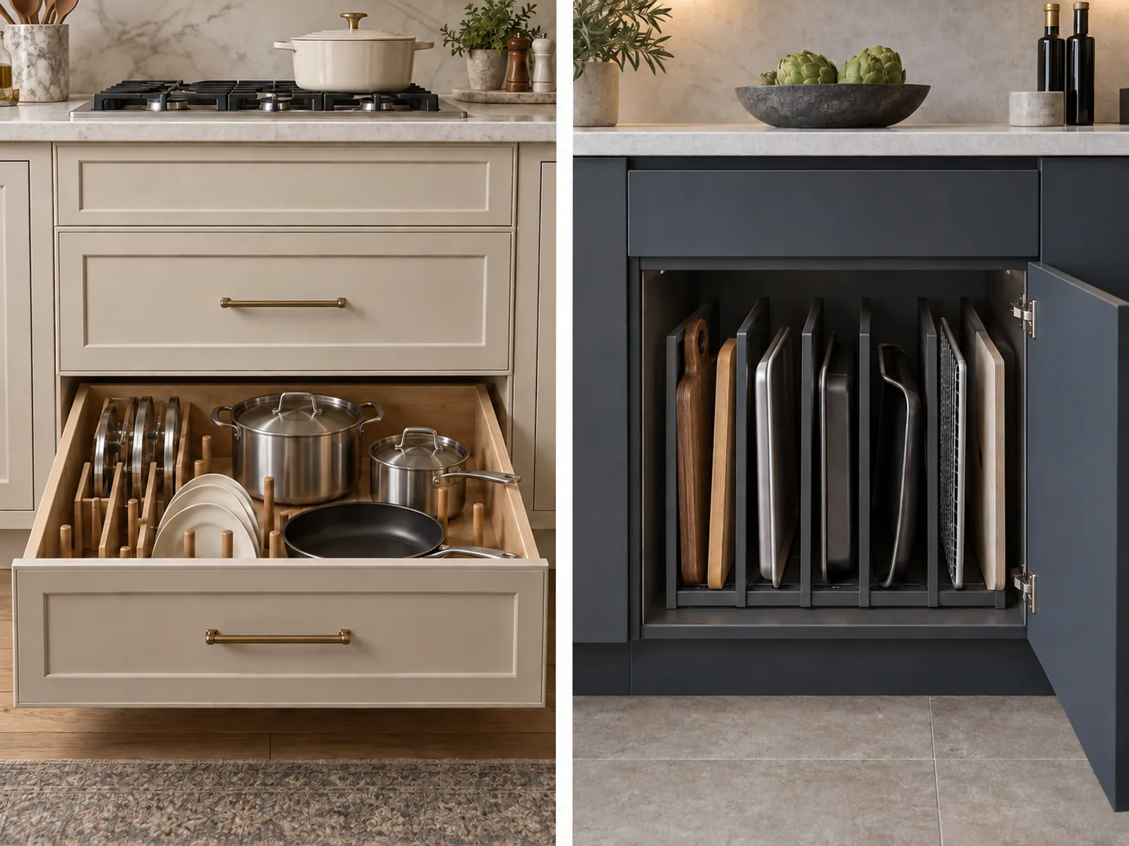Two kitchen storage views showing a deep cookware drawer and vertical dividers for trays and cutting boards.