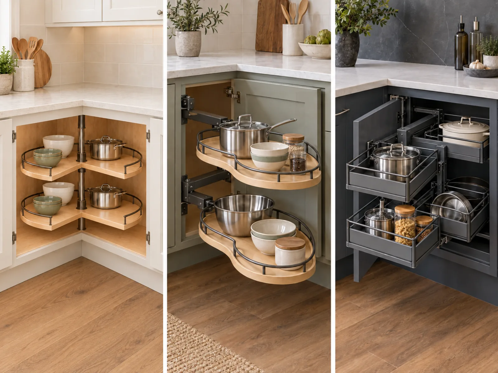 Three open corner cabinets showing rotating shelves, swing-out trays and pull-out storage.