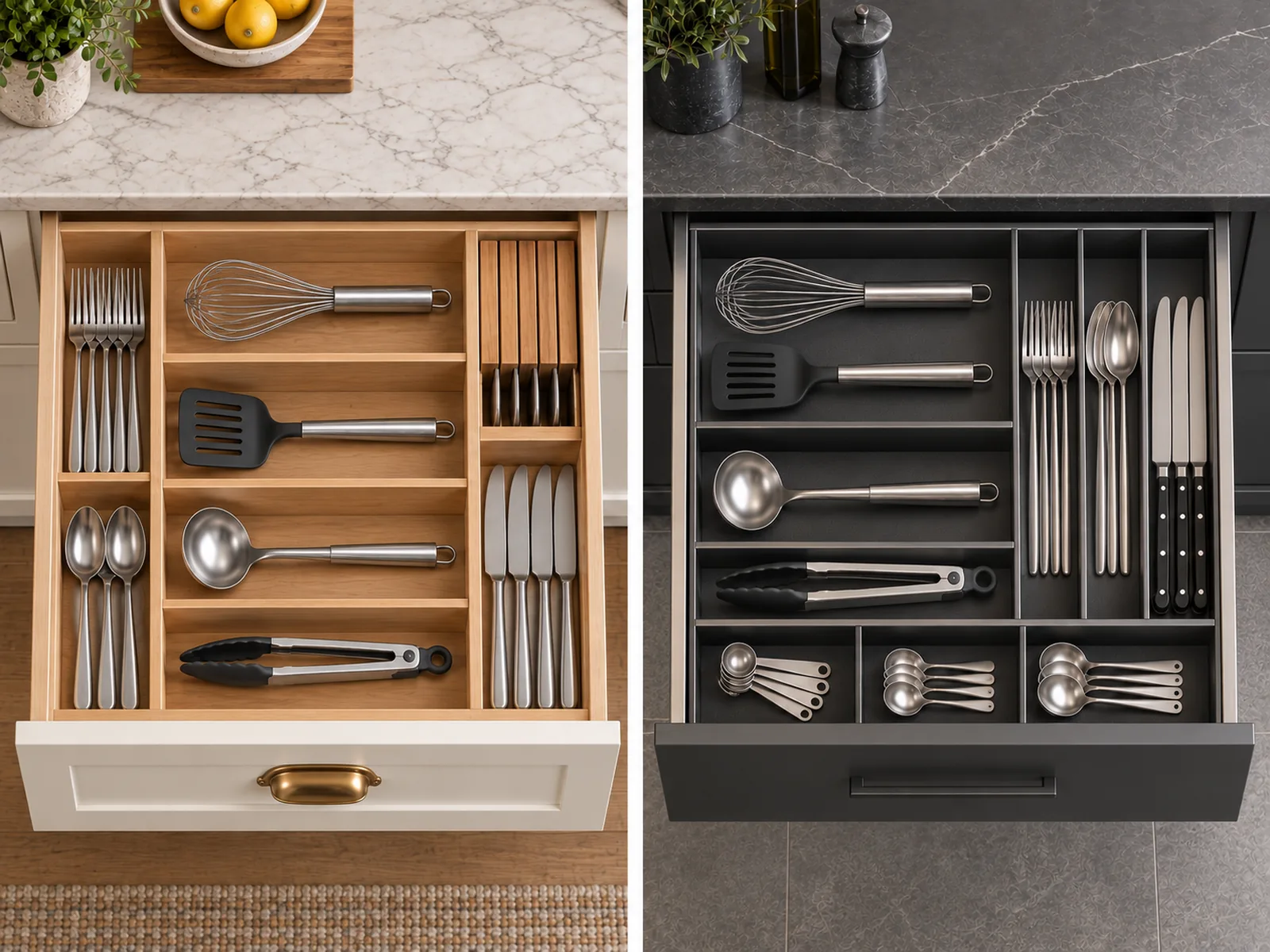 Two open kitchen drawers with divided storage for cutlery, knives and cooking utensils.