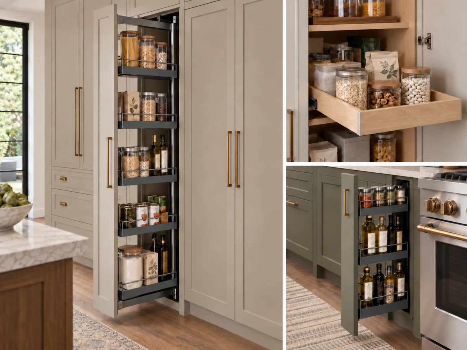 Kitchen storage views showing a full-height pantry pull-out, pantry roll-out drawer and narrow spice and bottle pull-out.
