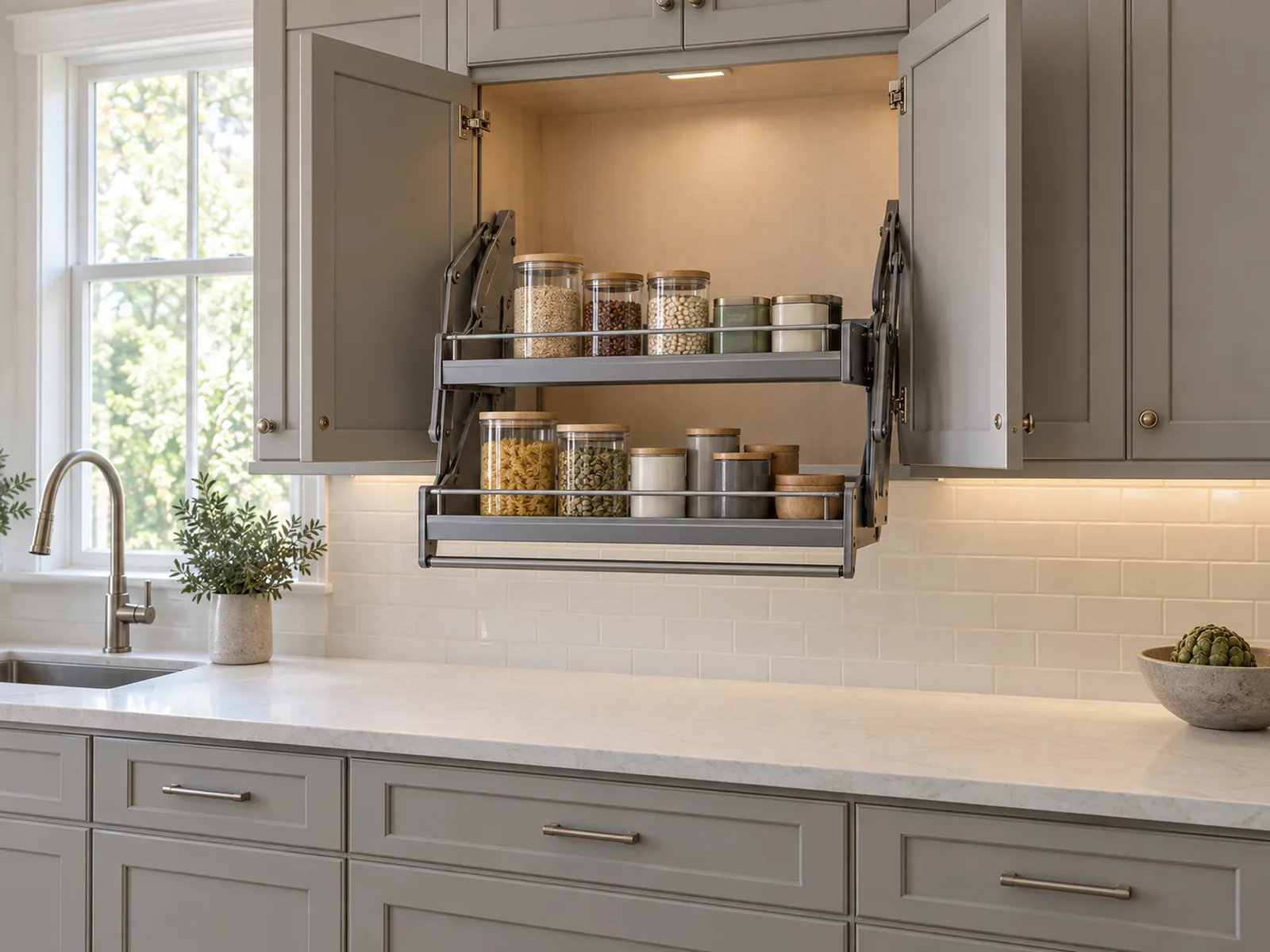 Open wall cabinet with two-tier pull-down storage lowered above the countertop.