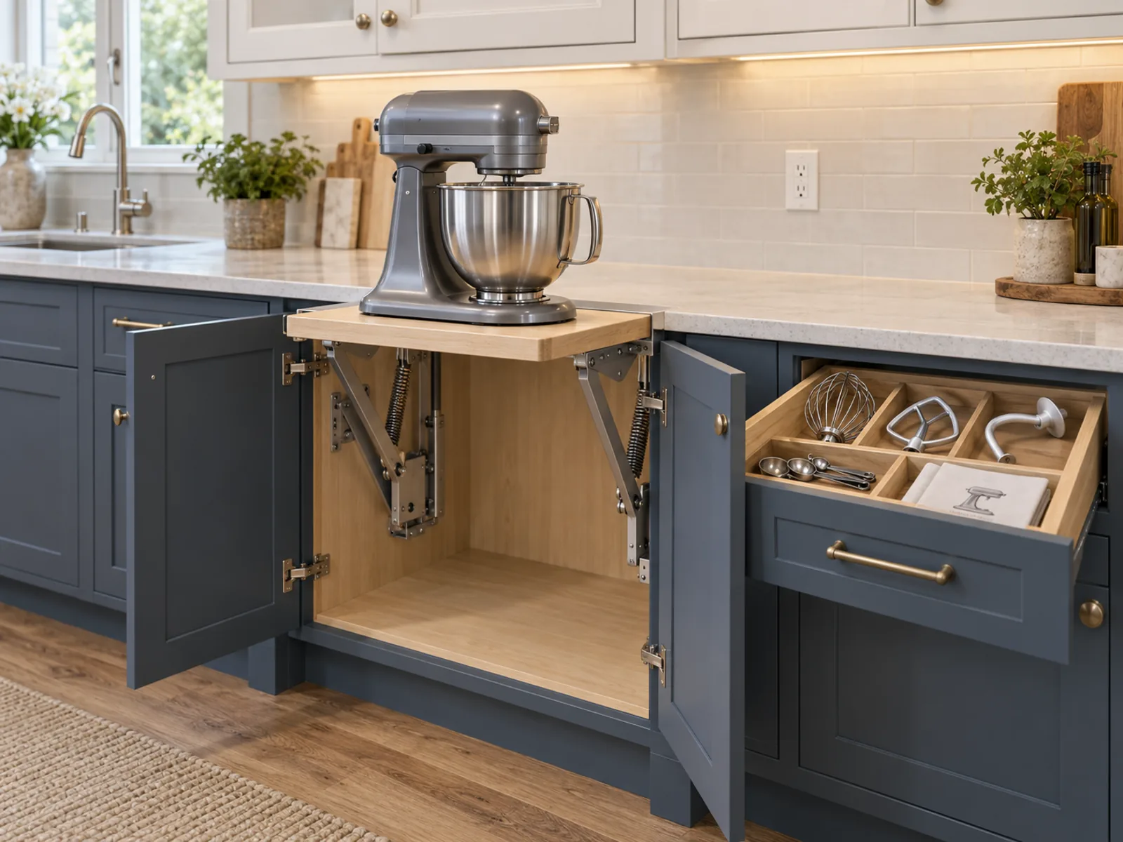 Stand mixer on a raised lift platform extending from an open kitchen base cabinet beside a utensil drawer.