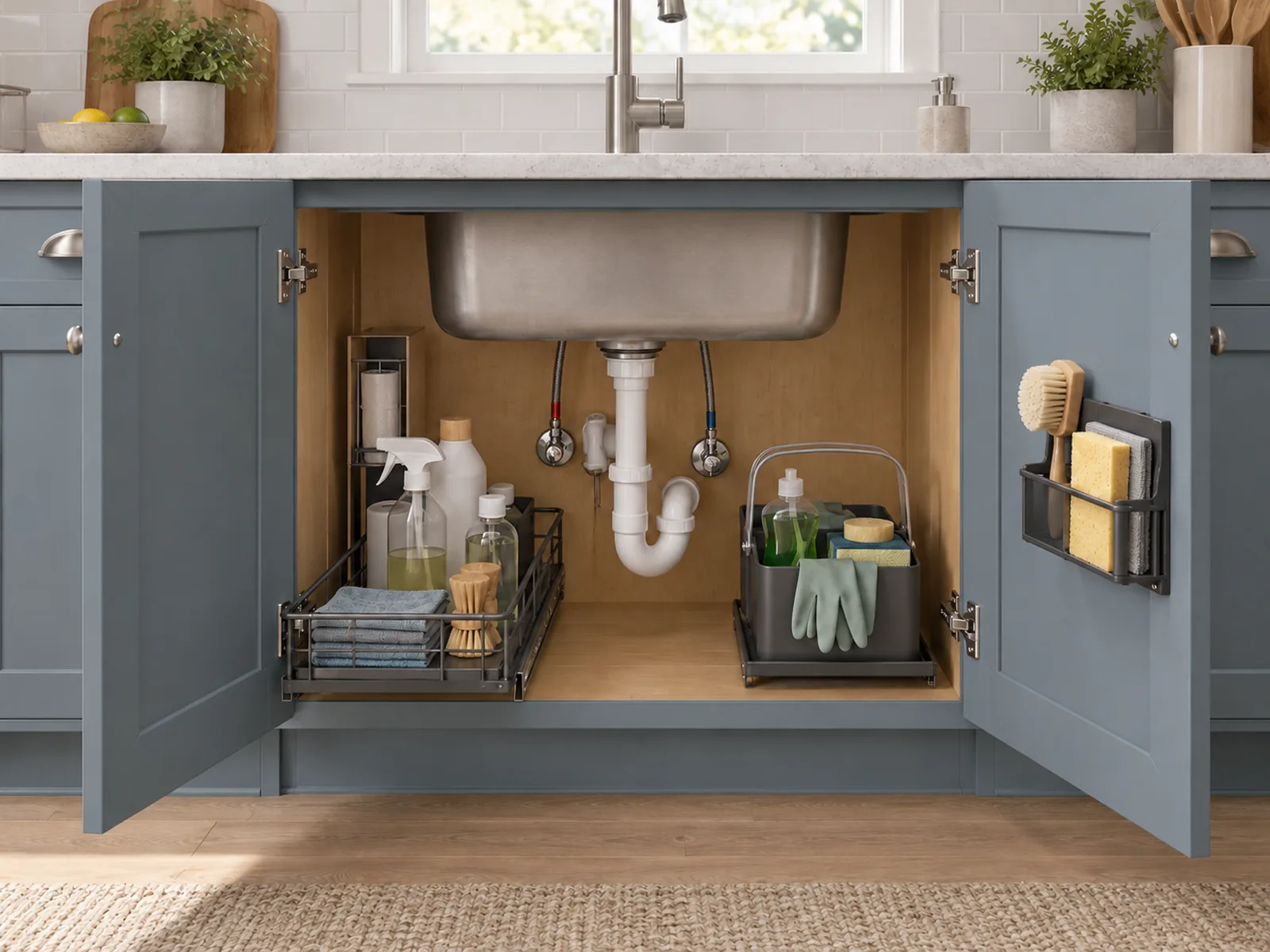 Open under-sink cabinet with cleaning baskets and a caddy arranged around the drain pipes.