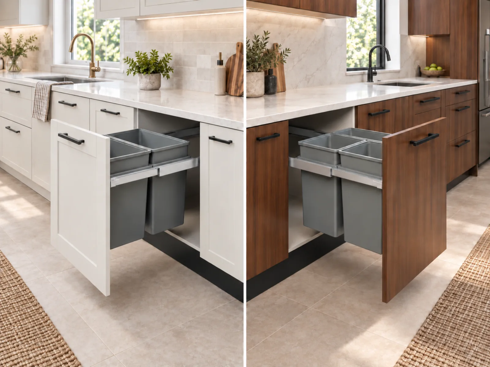 Two kitchen views of extended waste and recycling bins with separate sorting compartments.