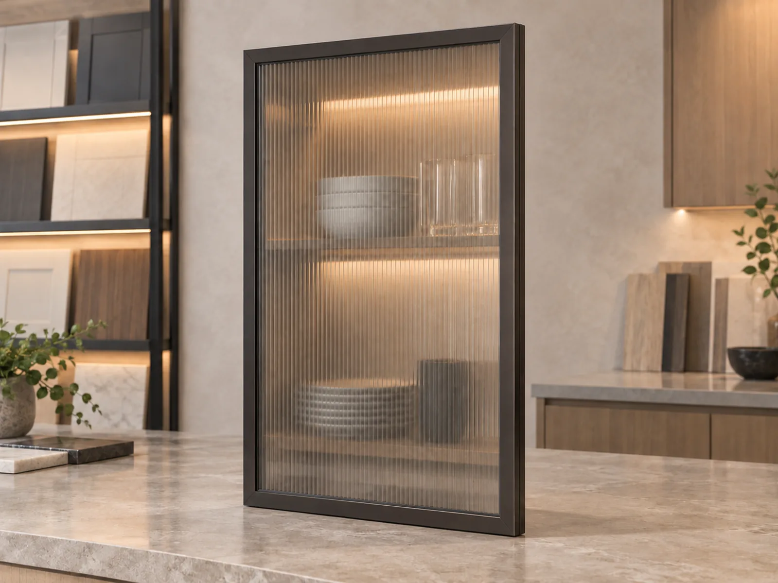 Aluminum-framed cabinet door with a translucent inset panel.