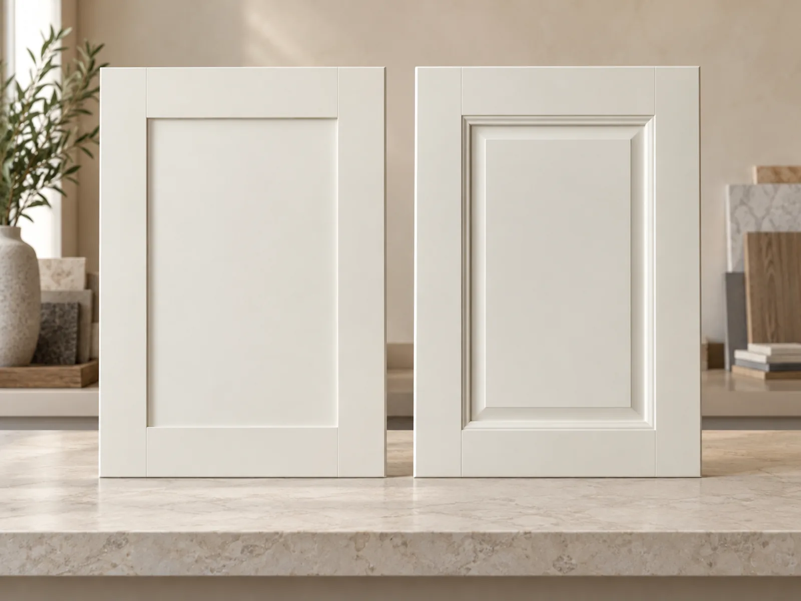 Shaker and profiled cabinet door samples showing their framed face details.