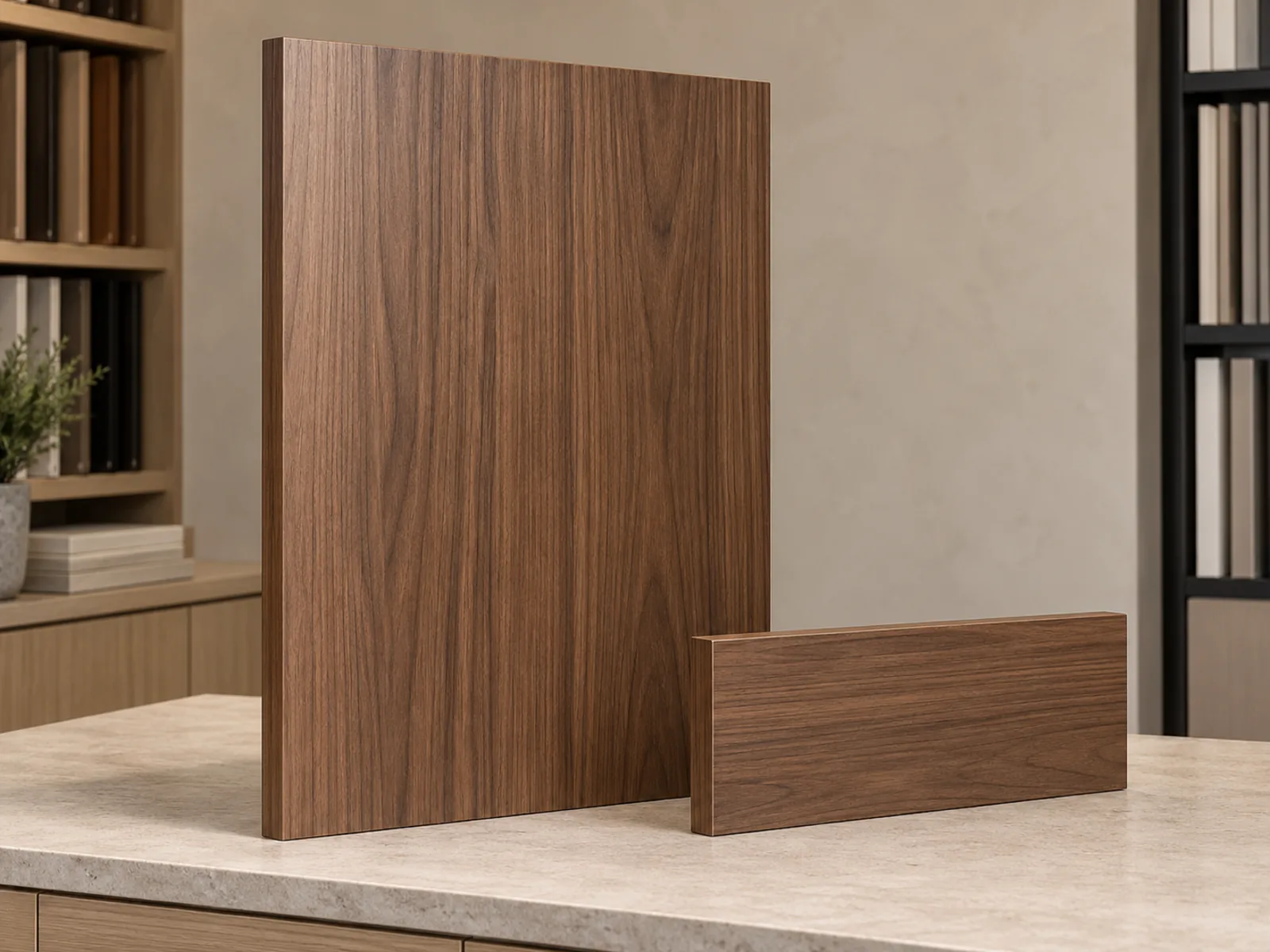 Slab cabinet door with a flat woodgrain front and visible finished edges.