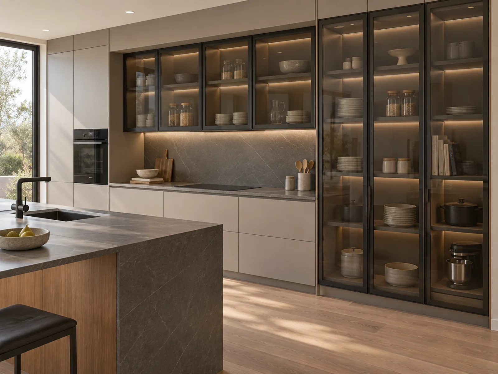Modern kitchen concept showing dark aluminum-framed glass upper and full-height pantry cabinets beside solid slab fronts.