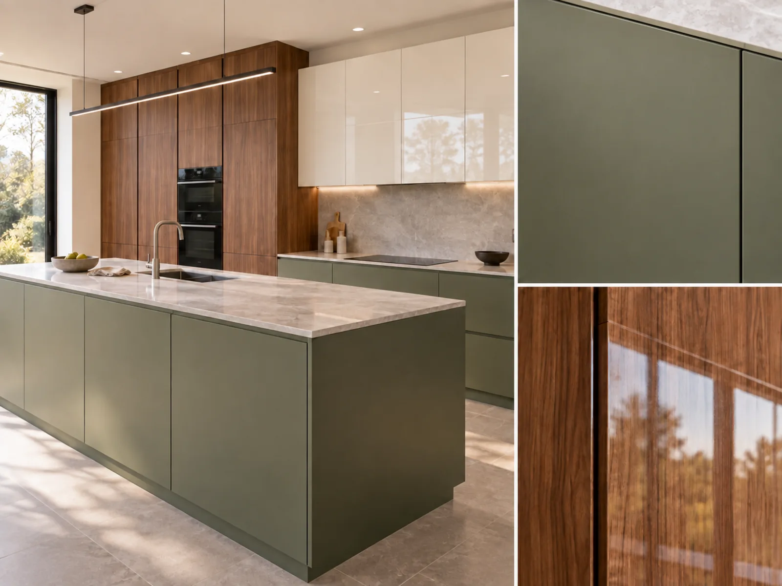 Modern kitchen design concept pairing matte olive cabinetry with glossy white fronts and woodgrain tall cabinets.