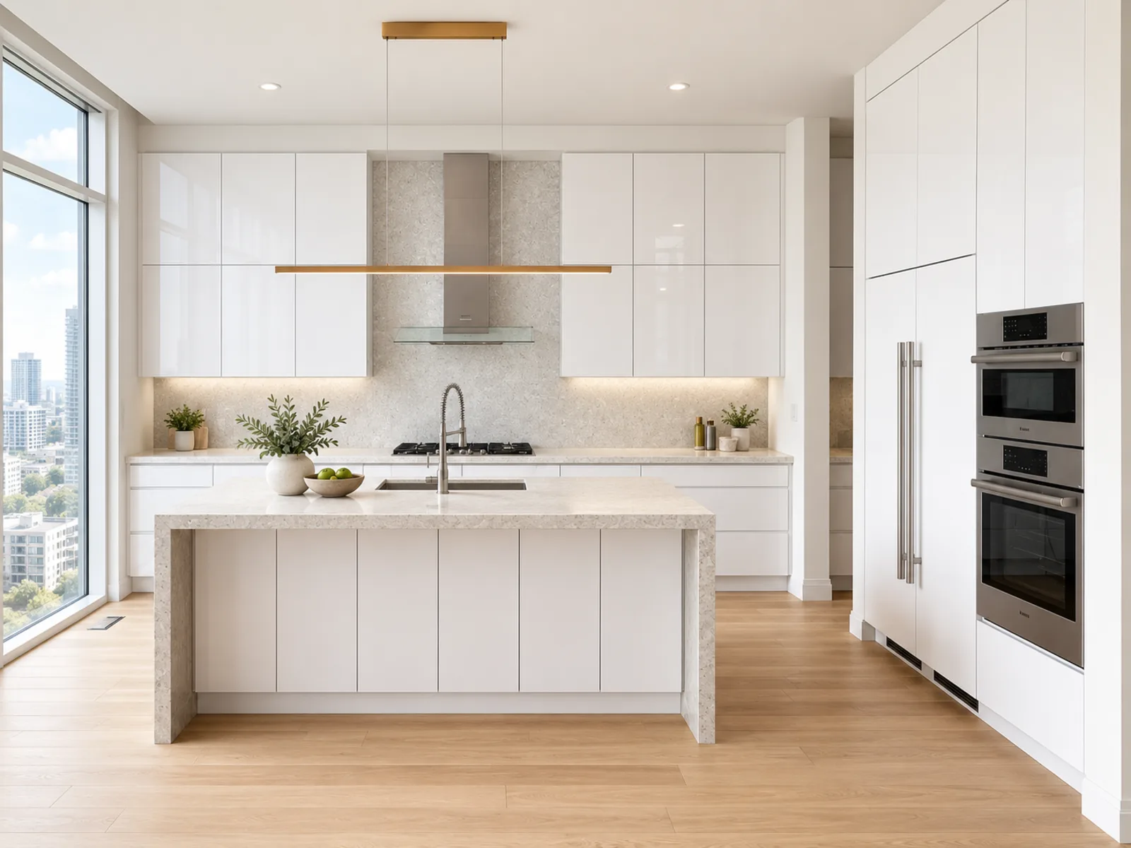 Completed modern kitchen with glossy white slab cabinetry, a central island, stainless-steel hood and full-height appliance wall