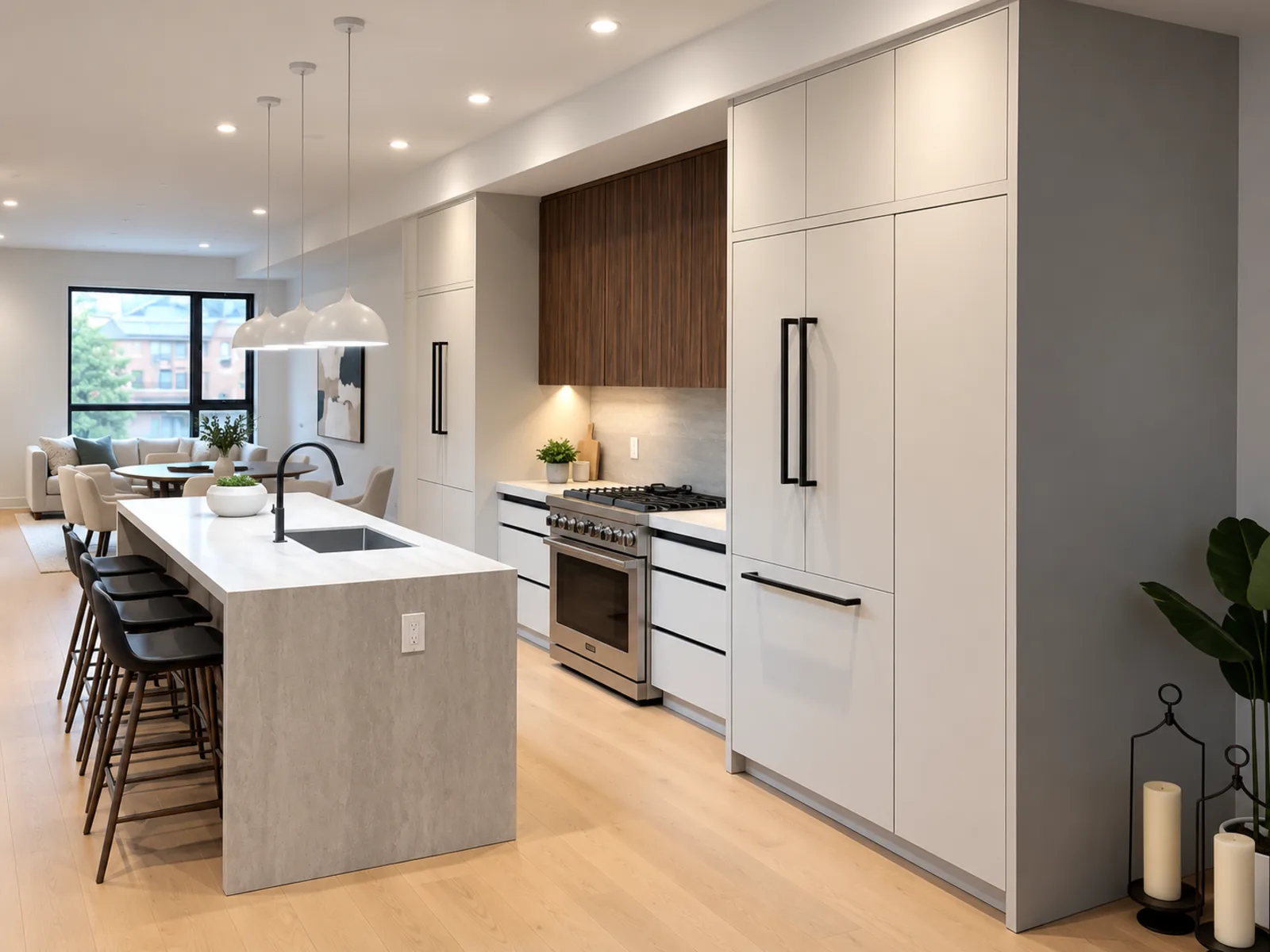 Completed modern kitchen with white slab cabinetry, tall storage, a warm wood cooking-area accent and a long island with seating