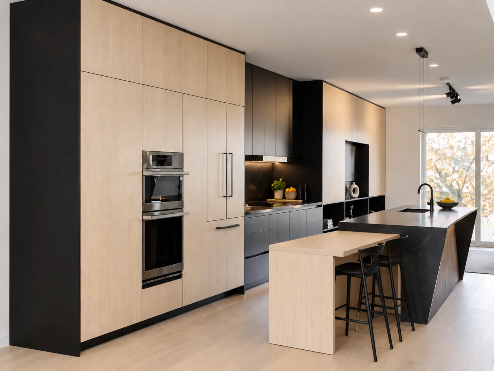 Completed modern kitchen with pale woodgrain tall cabinets, black cooking-area cabinetry and an angular island with a dining ledge