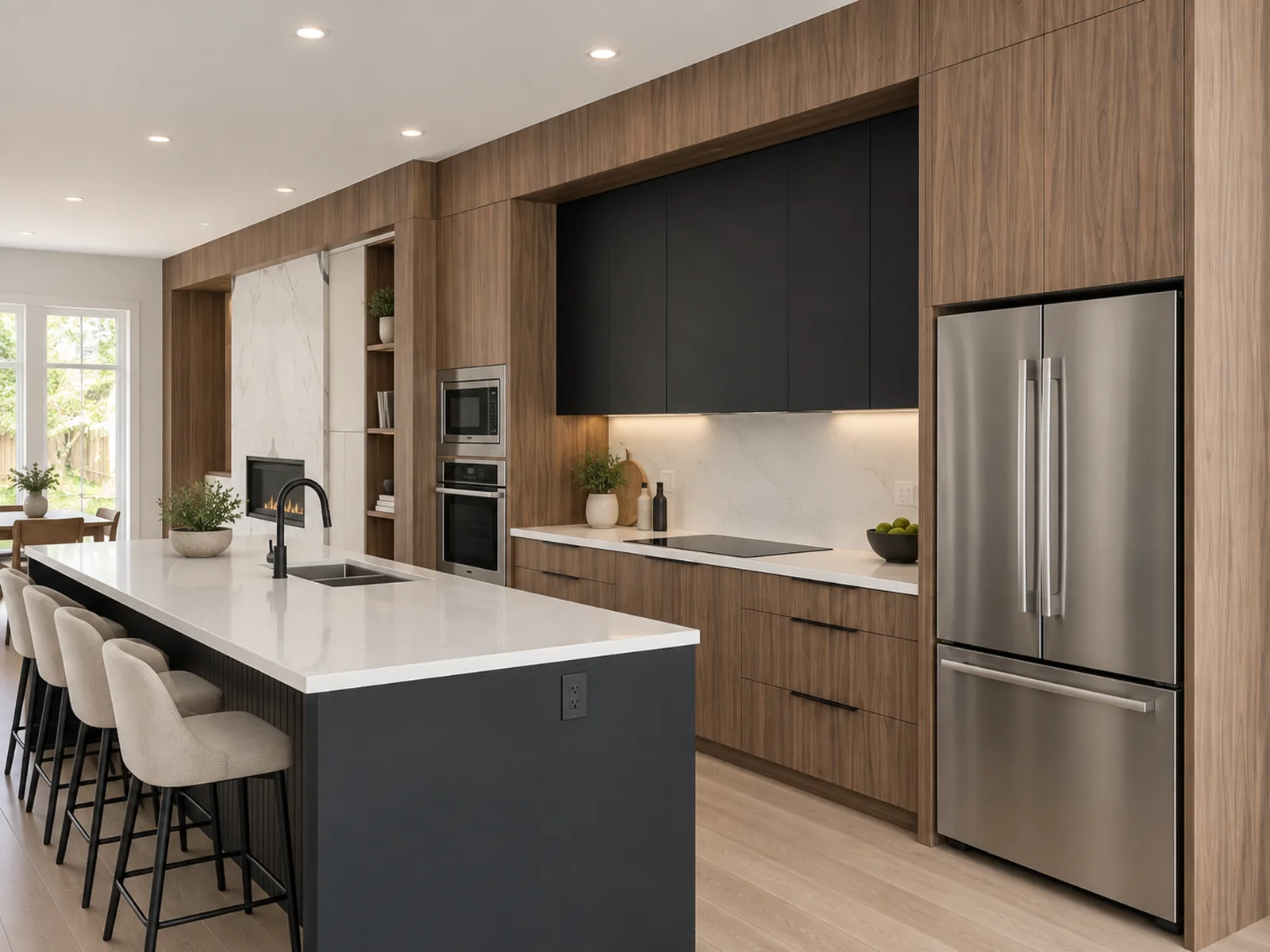 Completed modern kitchen with warm woodgrain slab cabinetry, black upper cabinets and a dark island with seating