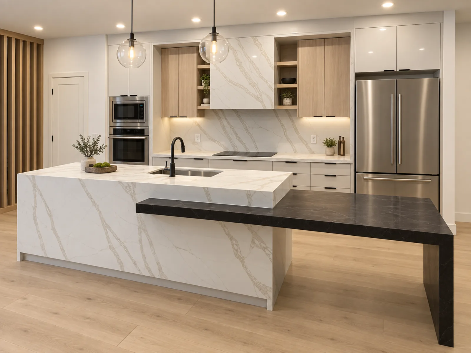 Completed modern kitchen with white cabinetry, light wood display niches, a veined feature panel and a two-tone island
