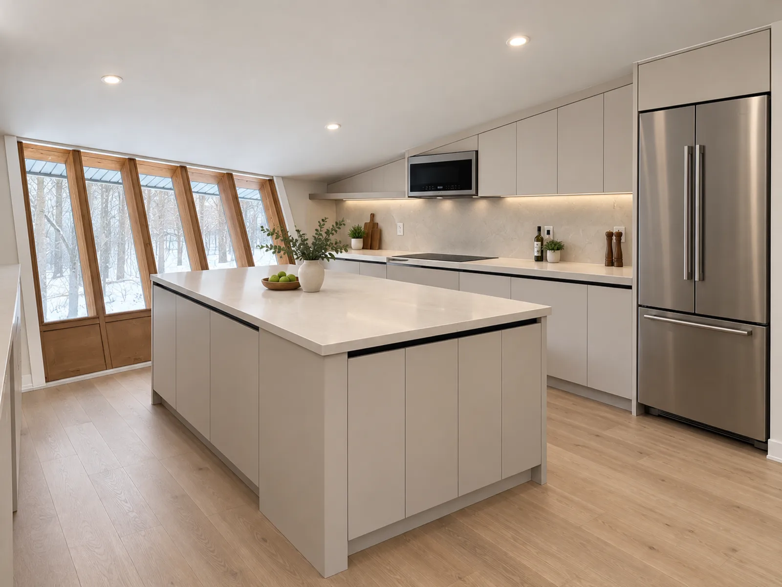 Completed modern kitchen with light grey slab cabinetry, a matching island and sloped wood-framed windows