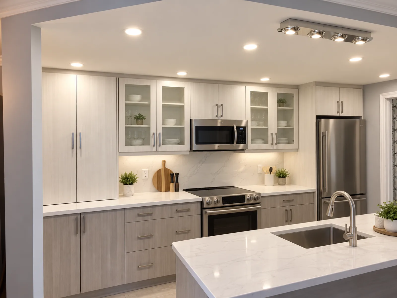 Completed modern kitchen with light woodgrain cabinetry, glass-front upper cabinets, slim metal pulls and a compact island
