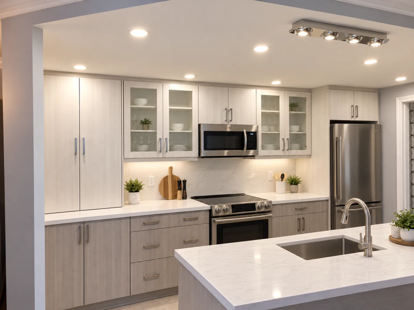 Completed modern kitchen with light woodgrain cabinetry, glass-front upper cabinets, slim metal pulls and a compact island