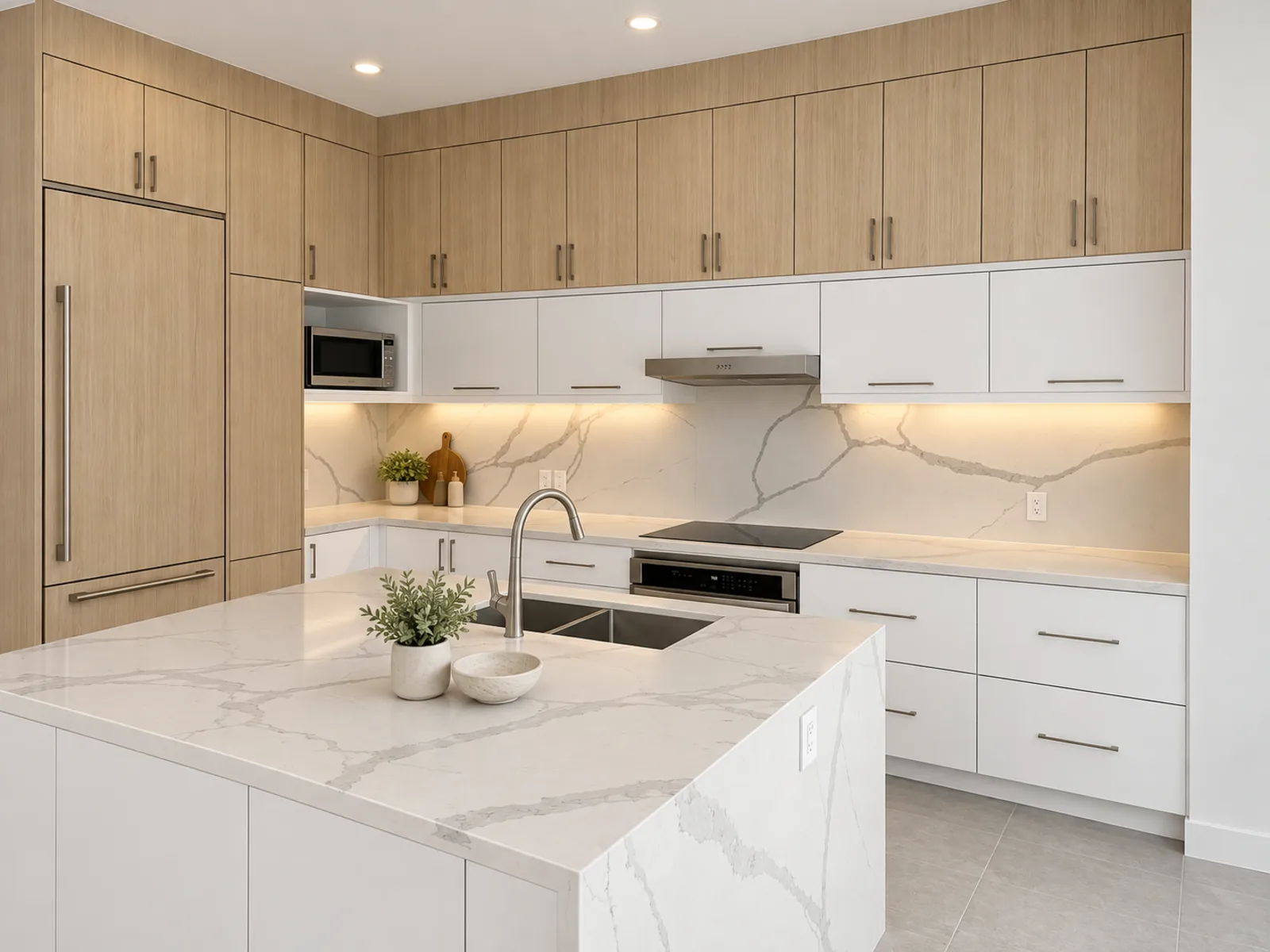 Completed modern kitchen with light woodgrain upper and tall cabinets, white slab base cabinets and a waterfall island
