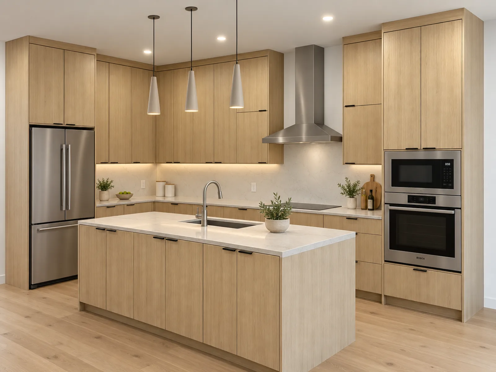 Completed modern kitchen with light woodgrain slab cabinetry, black pulls, a stainless hood and a coordinating island