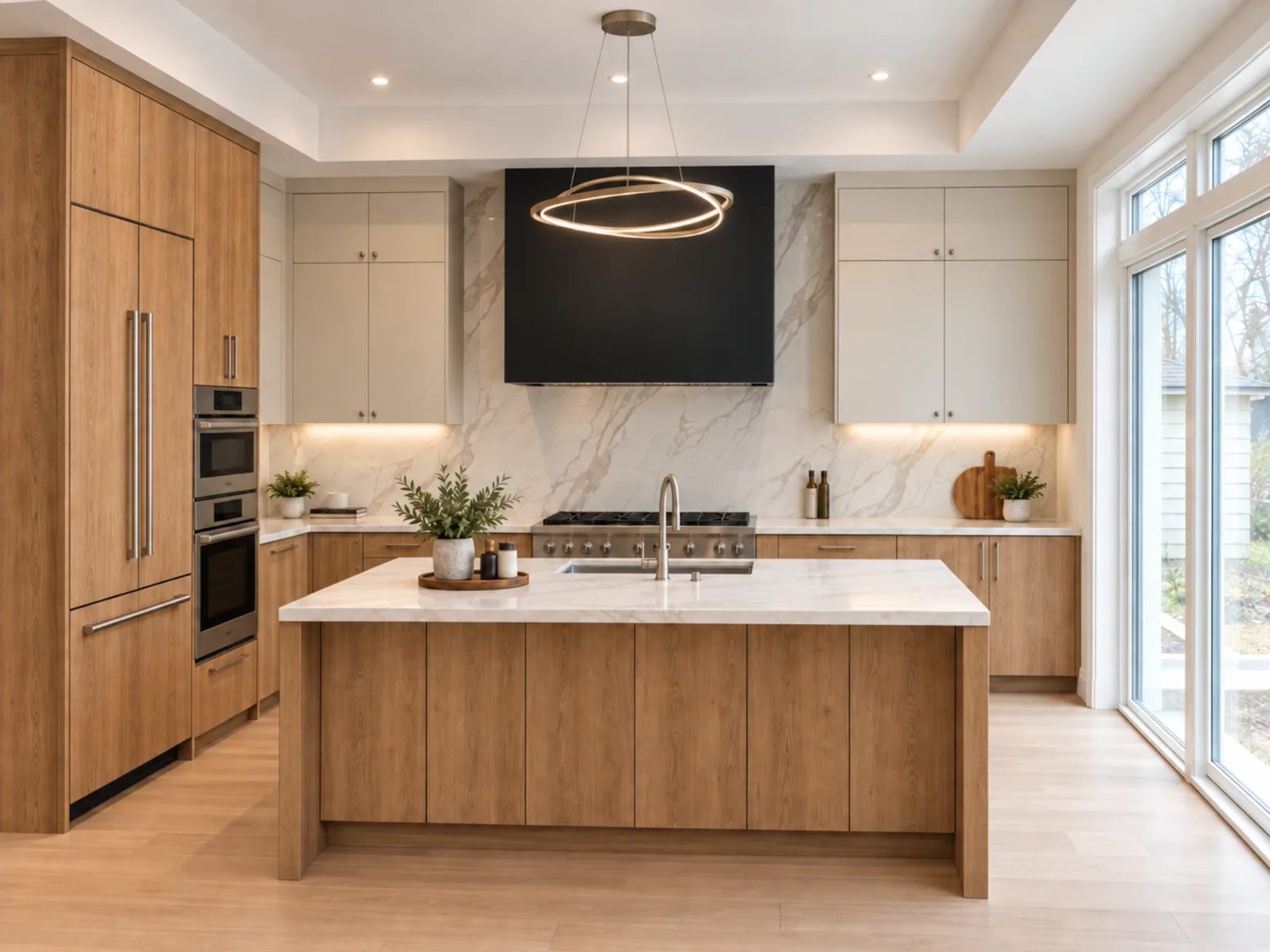 Completed modern kitchen with woodgrain slab cabinetry, a matching island and a broad dark panel above the cooking area