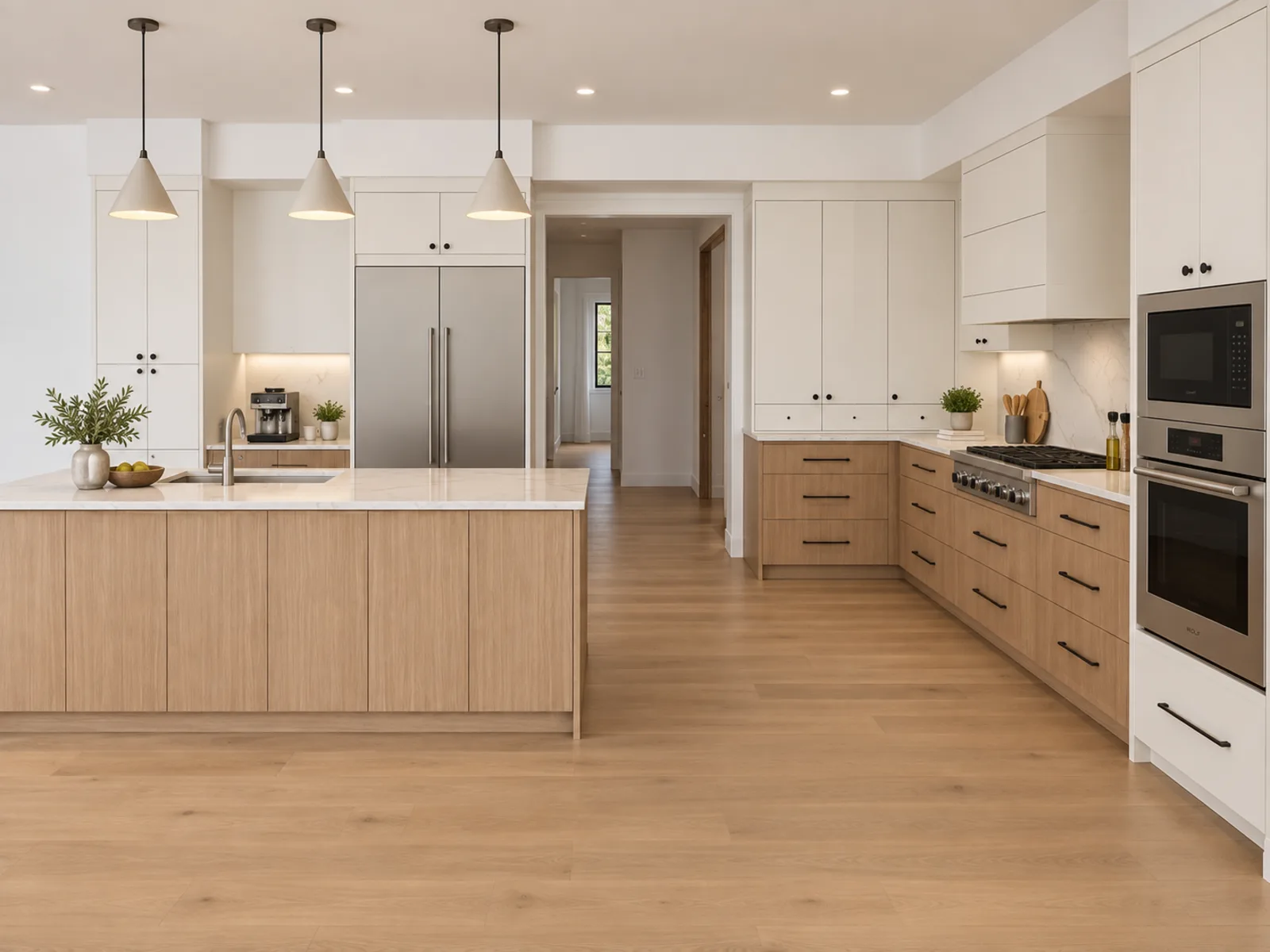 Completed modern kitchen with light woodgrain base cabinetry and island panels, white slab uppers and an open wraparound layout