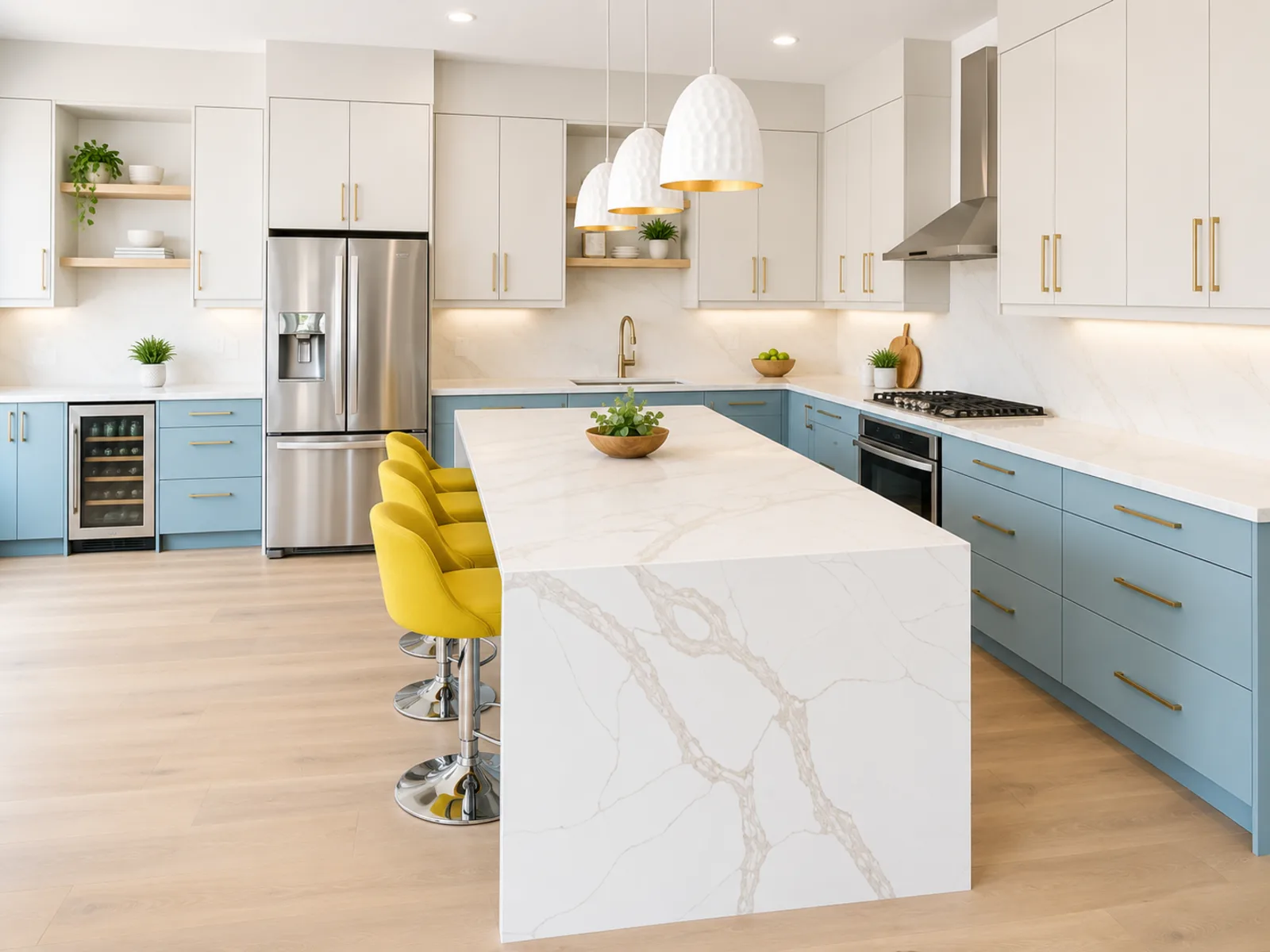 Completed modern kitchen with muted blue base cabinets, white slab uppers, open wood shelves and a waterfall island