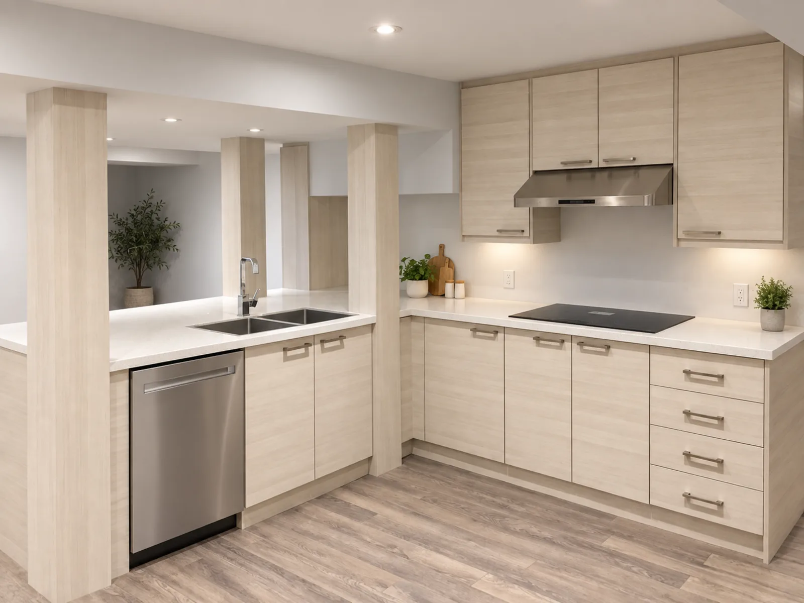 Completed compact modern kitchen with light woodgrain slab cabinetry, stainless-steel appliances and structural columns