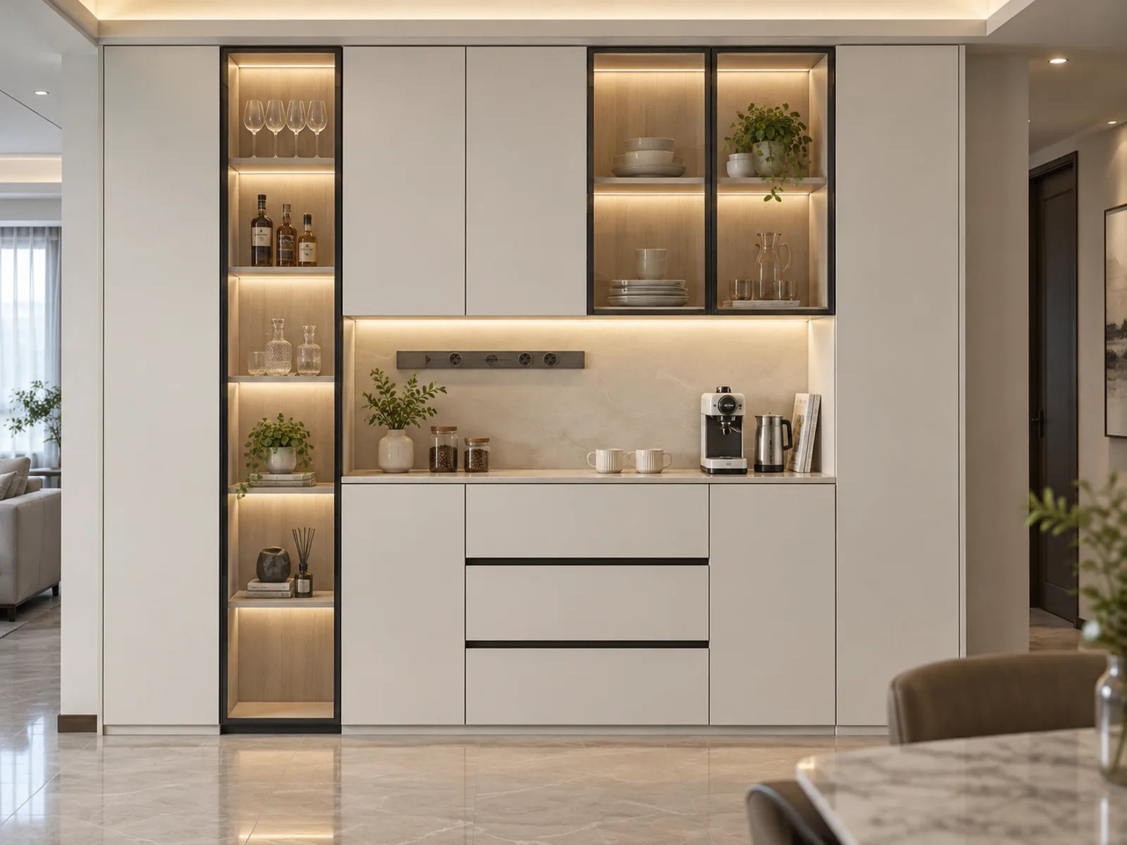 Completed modern beverage station with full-height light grey slab cabinetry, warm wood display niches and black-framed glass cabinets