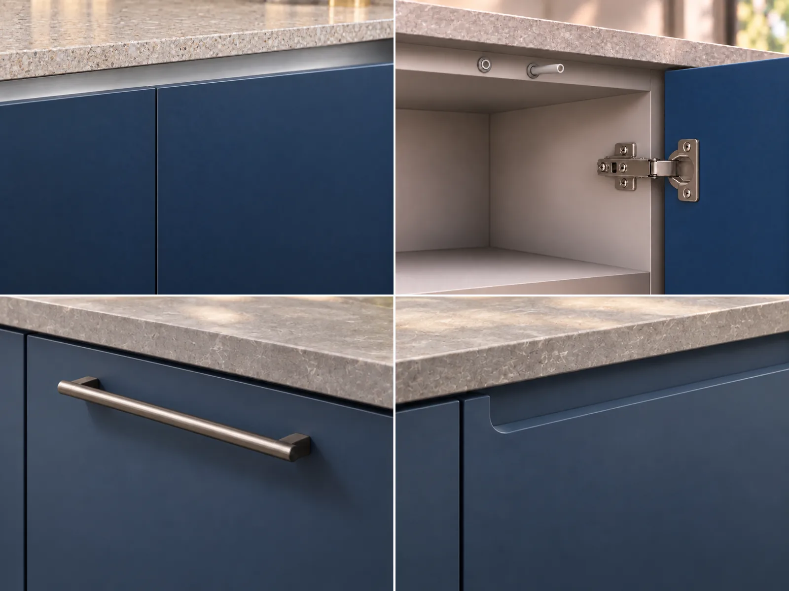 Four cabinet opening details showing a Gola profile, two push-to-open touch latches, a slim handle and an integrated finger pull.