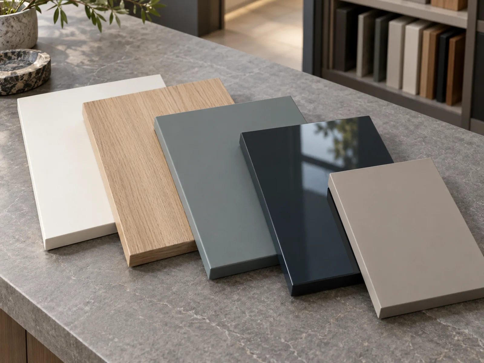 Modern slab cabinet door samples showing solid-colour, woodgrain, matte and glossy surface options.