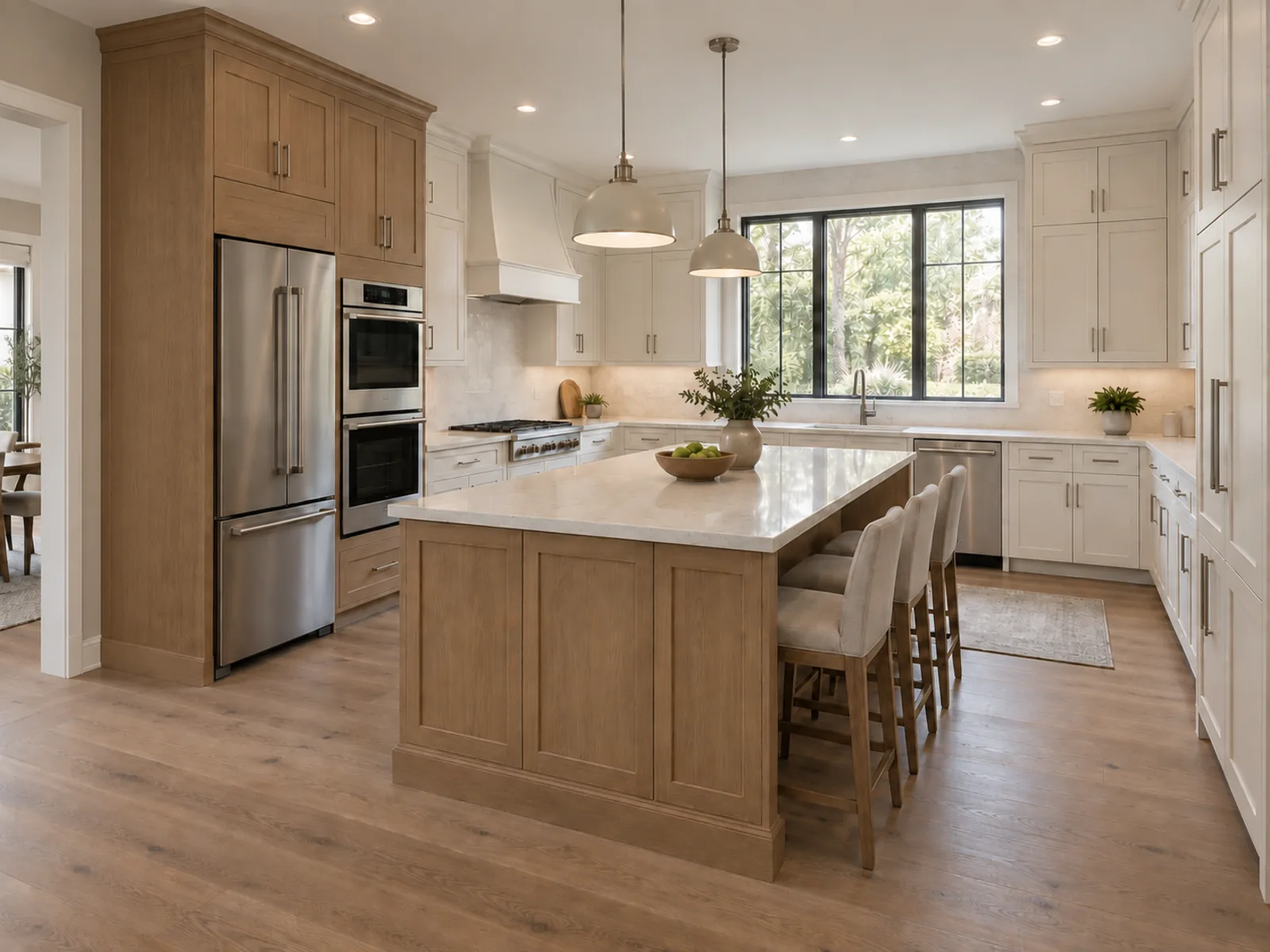 Kitchen layout planning concept showing base, wall, tall and island cabinets coordinated with windows and appliances