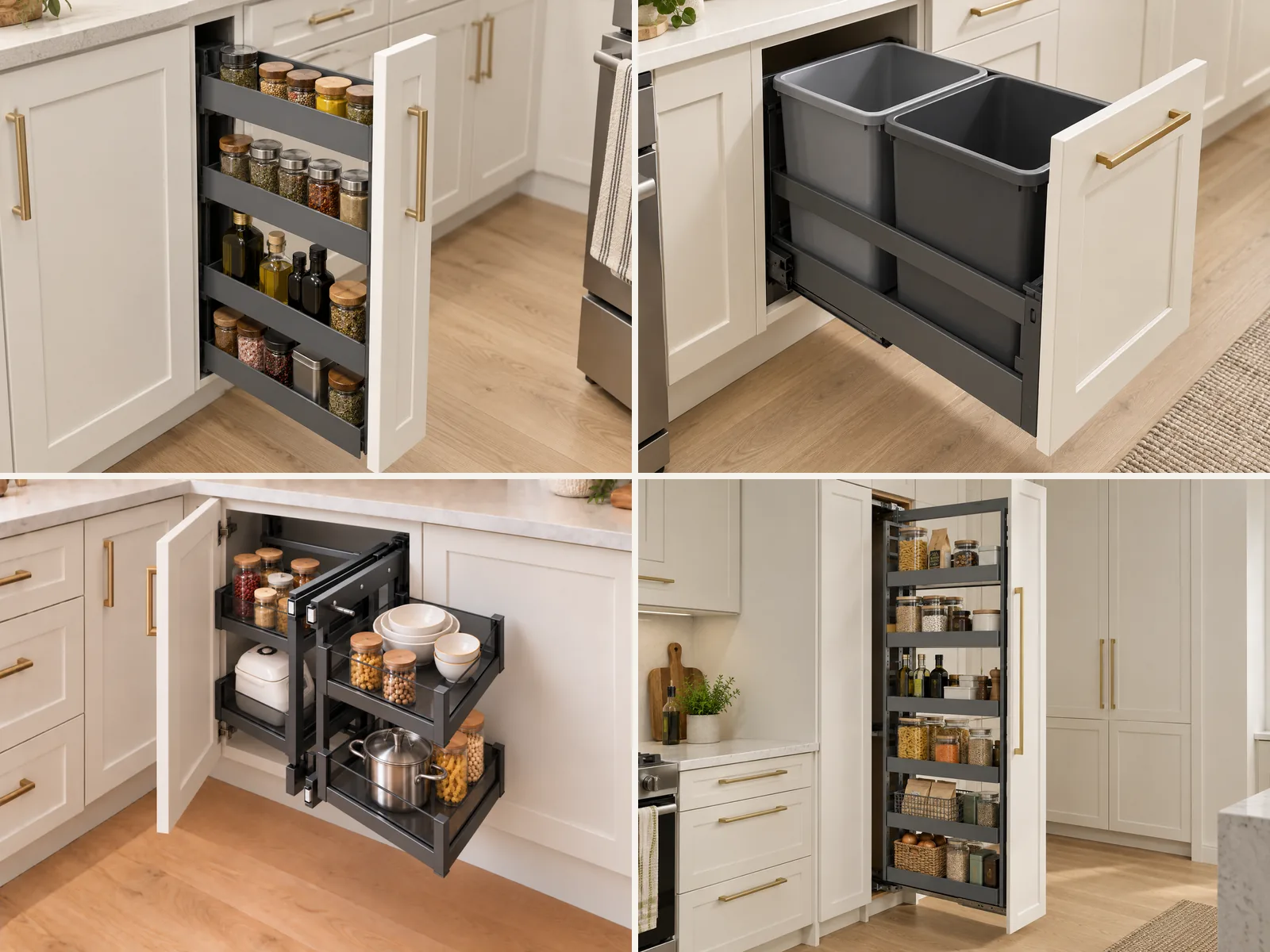 Kitchen storage planning concept showing pantry pull-outs, organized cabinet storage, corner access and waste and recycling solutions