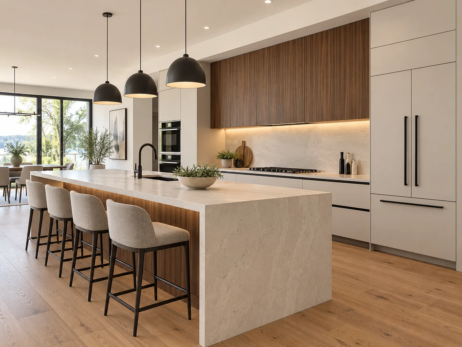 Modern kitchen design inspiration with flat-panel cream and walnut cabinetry, integrated appliances, black hardware, and a waterfall island.