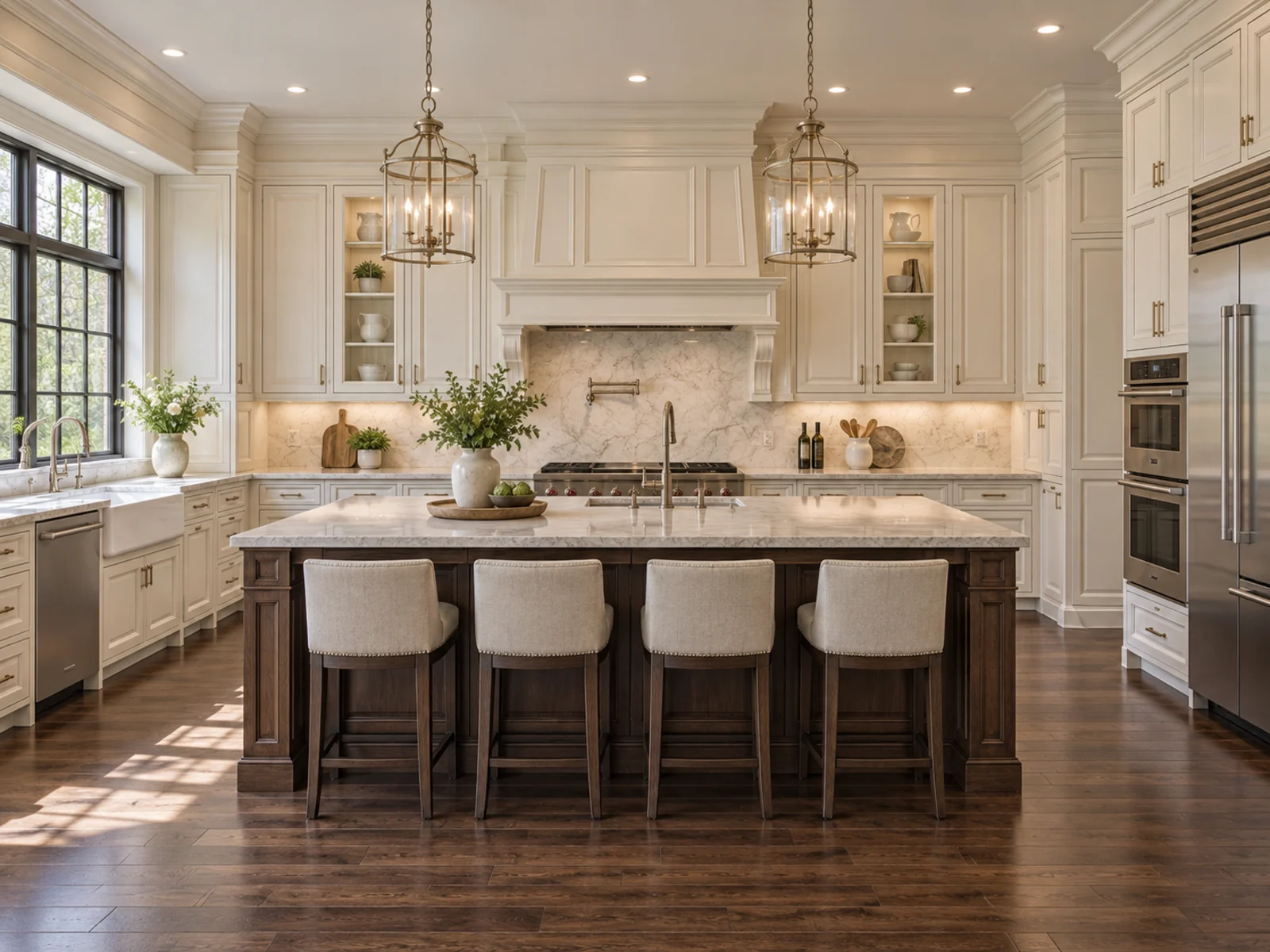 Traditional kitchen design inspiration with detailed cream cabinetry, layered crown moulding, glass display cabinets, a dark wood island, and integrated appliances.