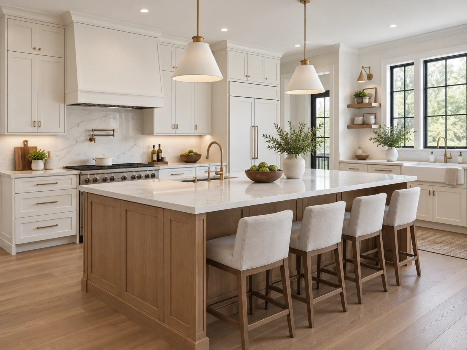 Transitional kitchen design inspiration with warm white Shaker cabinetry, restrained crown detail, brass hardware, and a wood-panelled island.