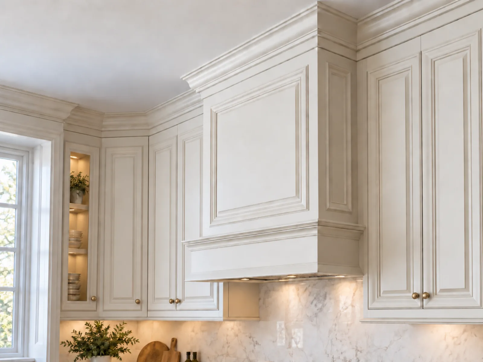 Traditional upper cabinetry showing layered crown moulding, paired profiled doors and a mantel-style hood surround