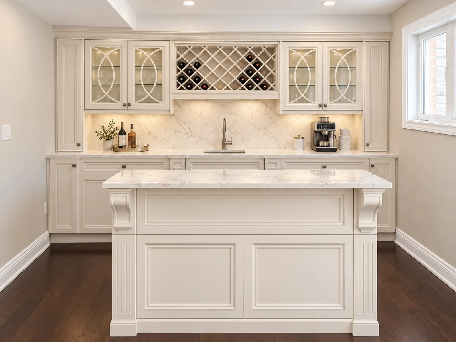 Completed traditional-style basement bar with arched glass display doors, a diamond wine rack and decorative supports