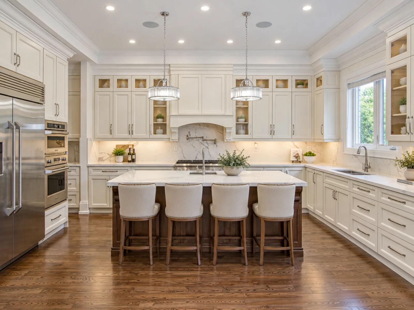Completed traditional kitchen with white profiled cabinetry, layered crown moulding, illuminated glass cabinets and a dark island