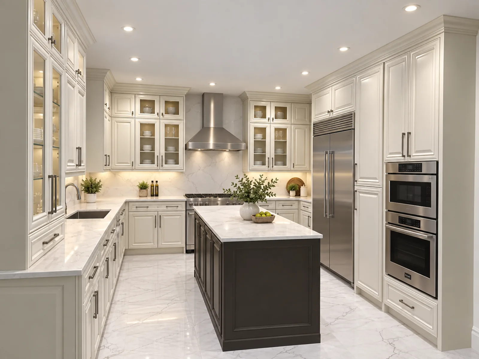 Completed traditional kitchen with warm white profiled cabinetry, illuminated glass displays, built-in appliances and a dark island