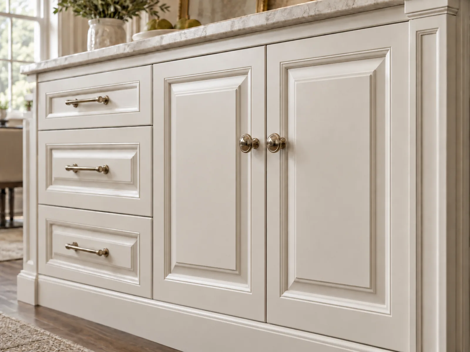 Close-up of traditional cabinet doors and drawer fronts with framed and moulded panel profiles