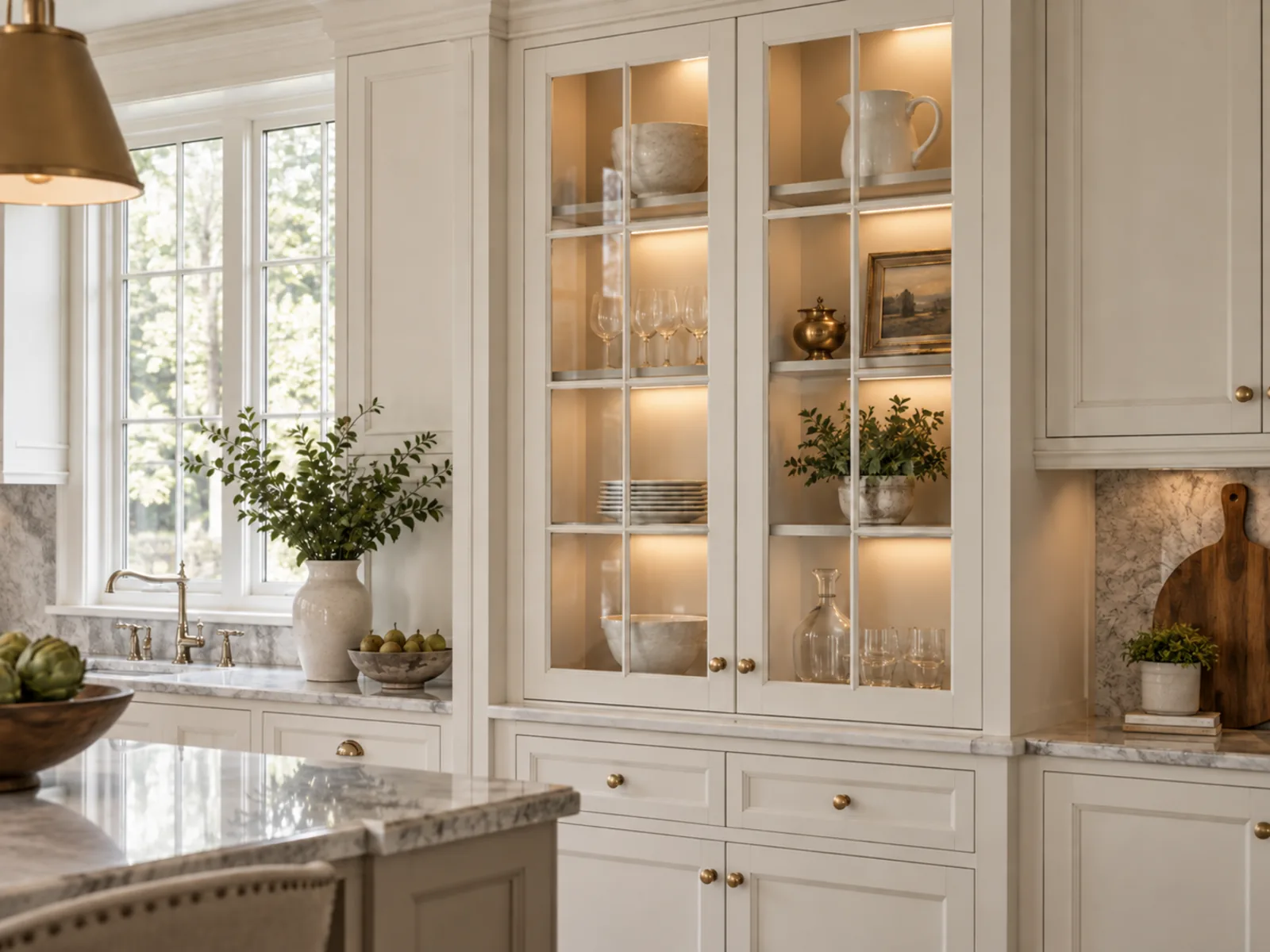 Traditional glass-front display cabinets with mullions, interior lighting and coordinated profiled doors