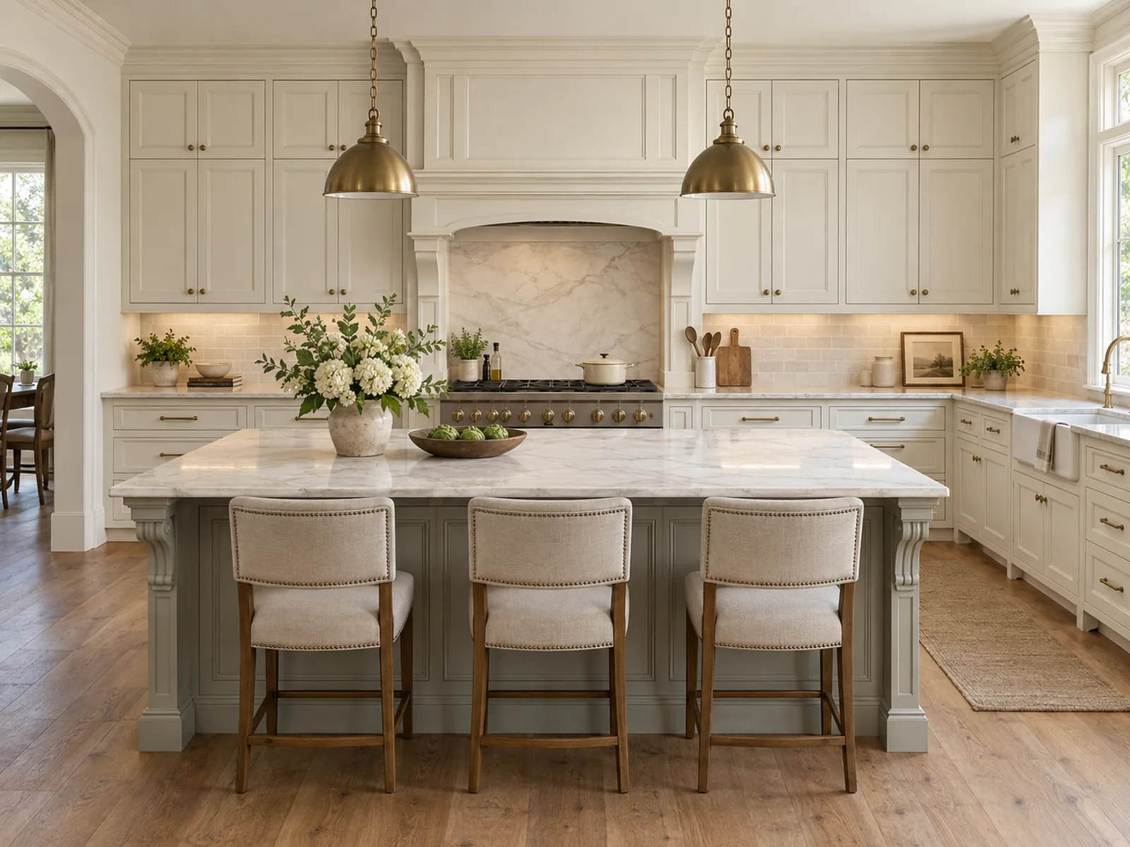 Traditional kitchen composition with a mantel-style hood wall, detailed island and quieter surrounding cabinetry