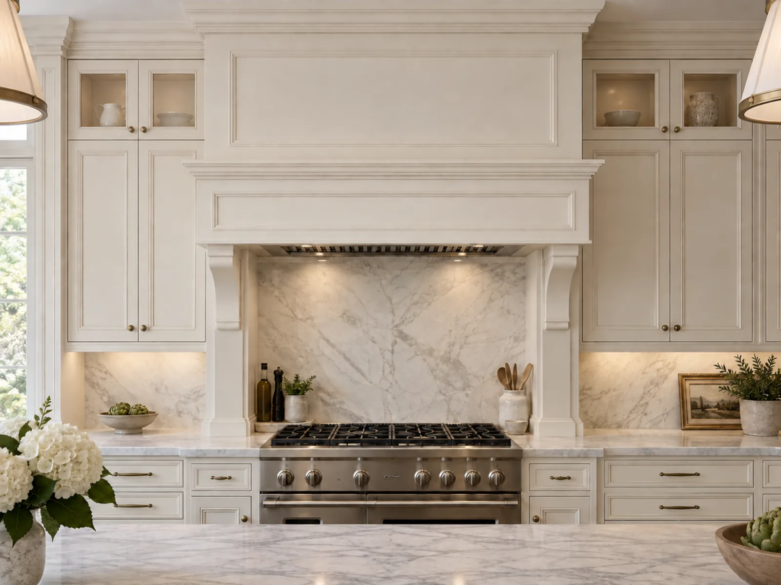 Traditional mantel-style range hood with a framed decorative panel, apron moulding and coordinated surrounding cabinets
