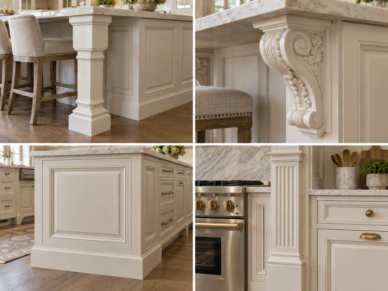Four traditional cabinetry details showing an island post, carved corbel, framed end panel and fluted pilaster