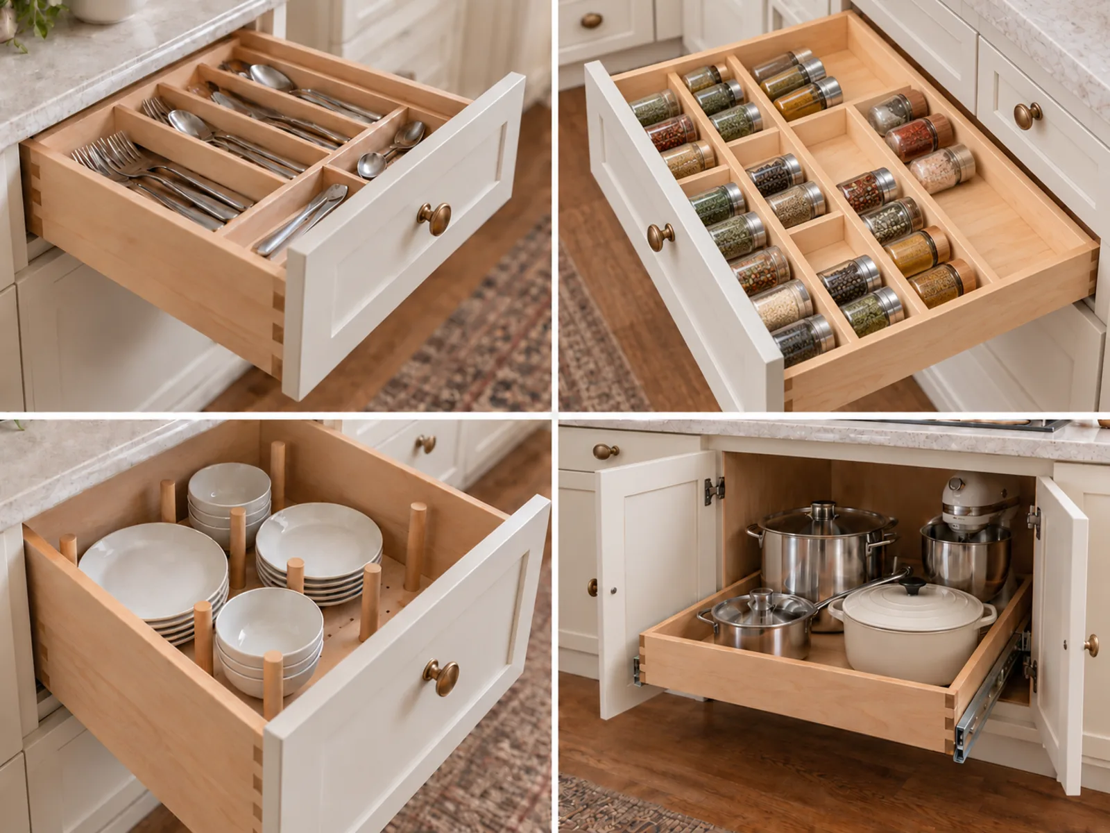 Four views of solid-wood dovetail drawers with cutlery dividers, spice organizers, plate pegs and cookware roll-out storage