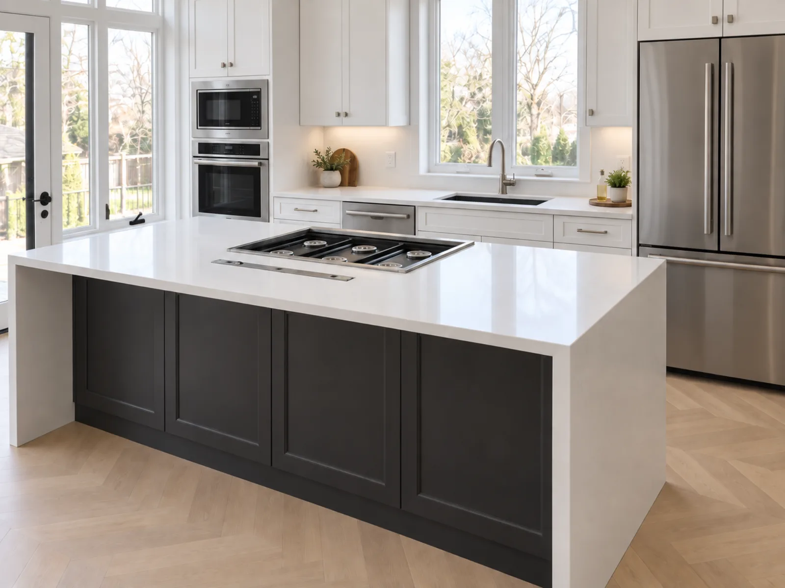 Completed transitional kitchen with white profiled cabinetry and a dark island featuring an integrated cooktop, retractable downdraft vent and waterfall-edge countertop