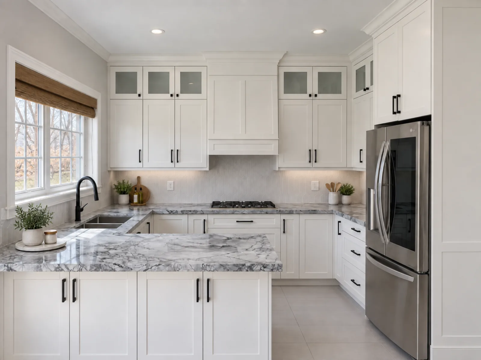 Completed transitional U-shaped kitchen with white profiled cabinetry, dark hardware, frosted-glass upper cabinets and an integrated hood surround