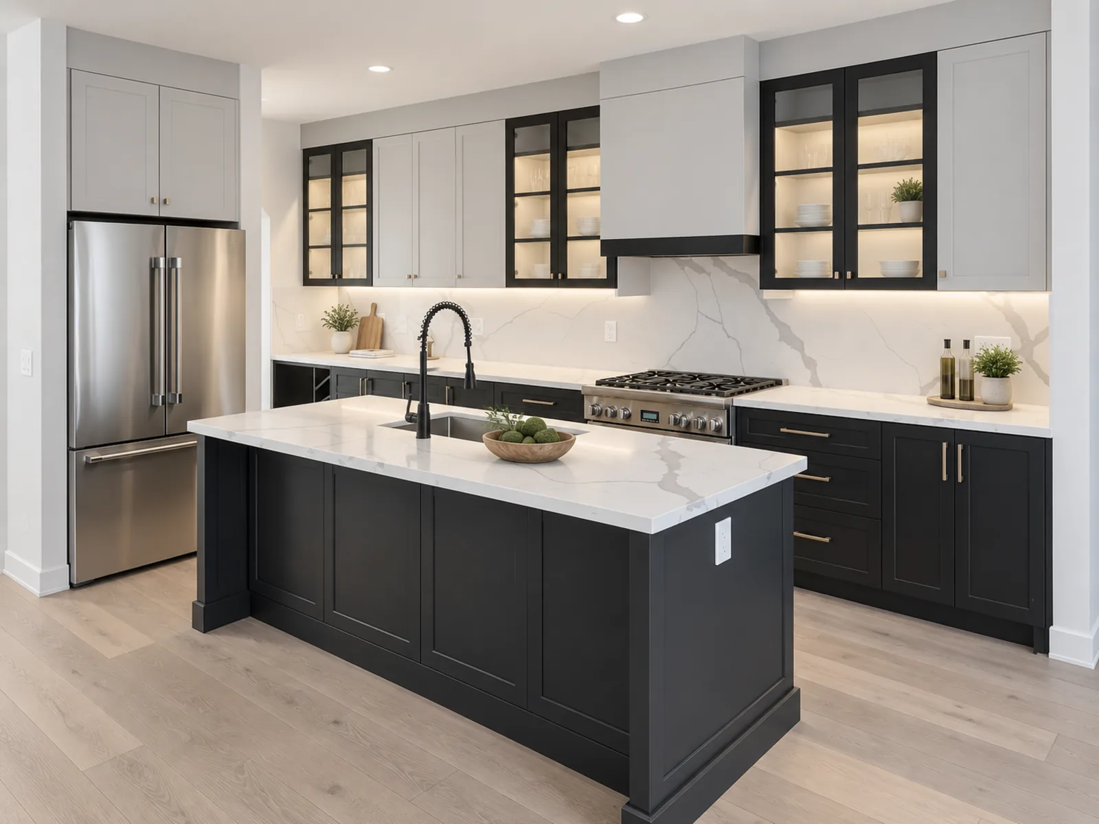 Completed transitional kitchen with light upper cabinetry, illuminated black-framed display cabinets, dark lower cabinetry and a central island